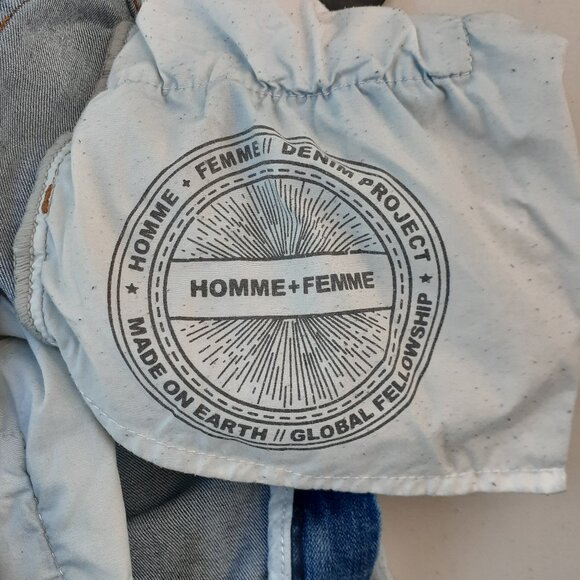 Homme + Femme Size 30 Letterman Drip Embroidered Distressed Denim Blue Jeans - Picture 10 of 11